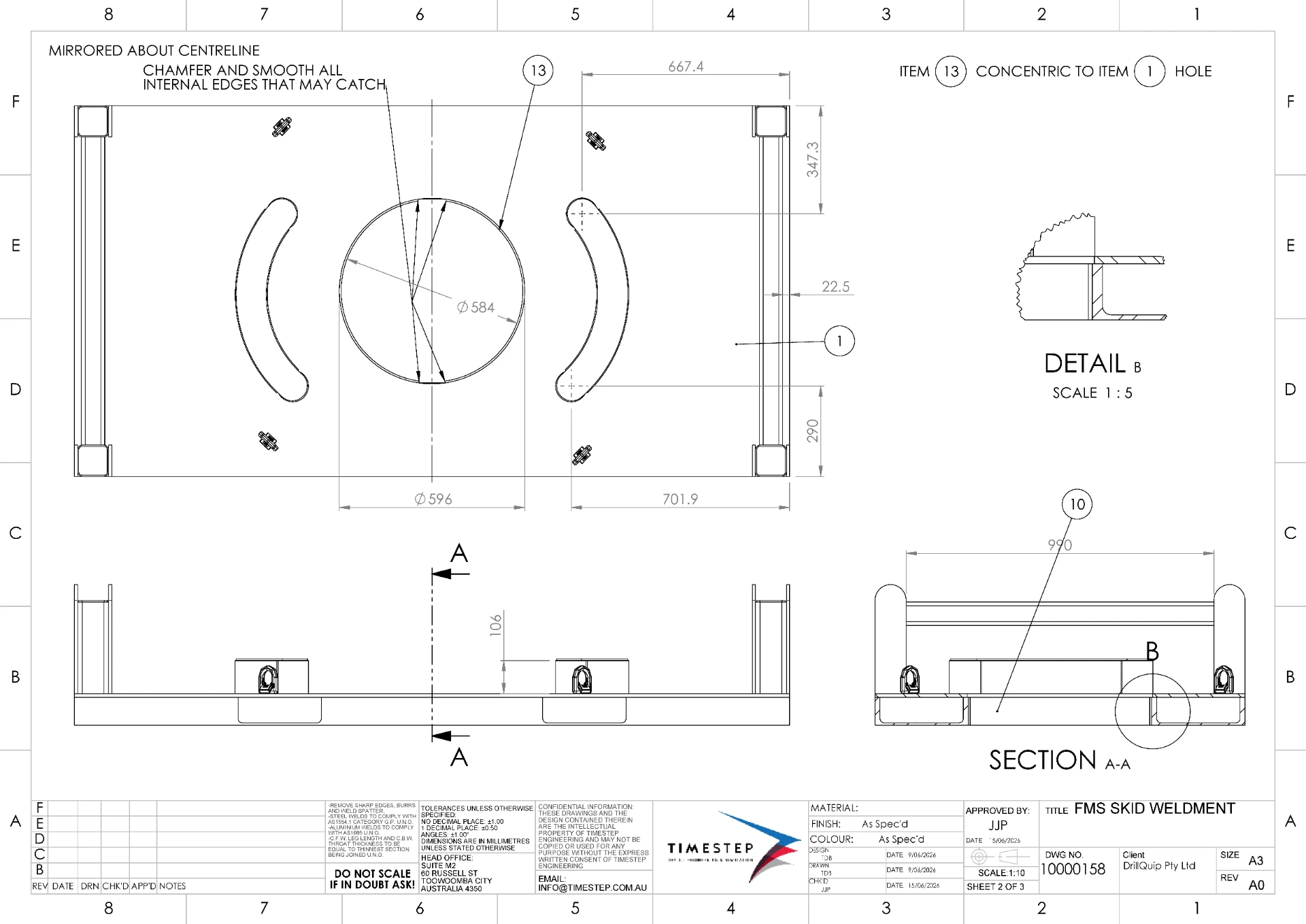 Engineering drawing of an FMS skid weldment for heavy-equipment load-restraint assessment.